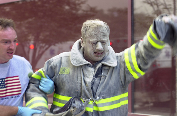 Firefighter covered with ash after World Trade Center collap