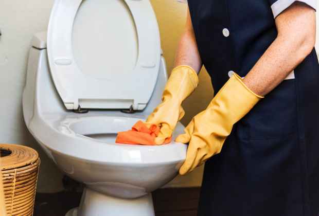 person cleaning flush toilet