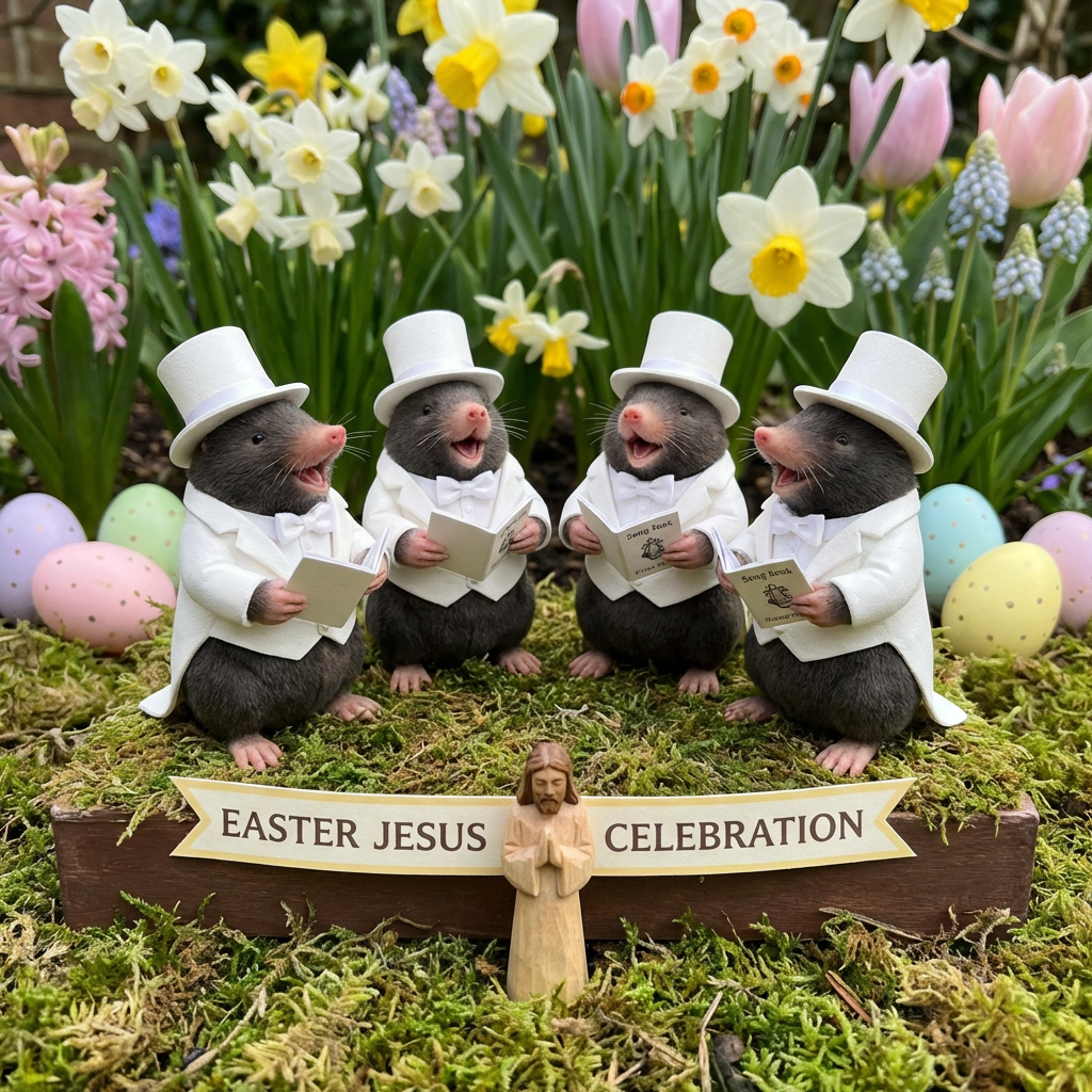 Four mole figurines in tuxedos singing in a garden with the text EASTER JESUS CELEBRATION.