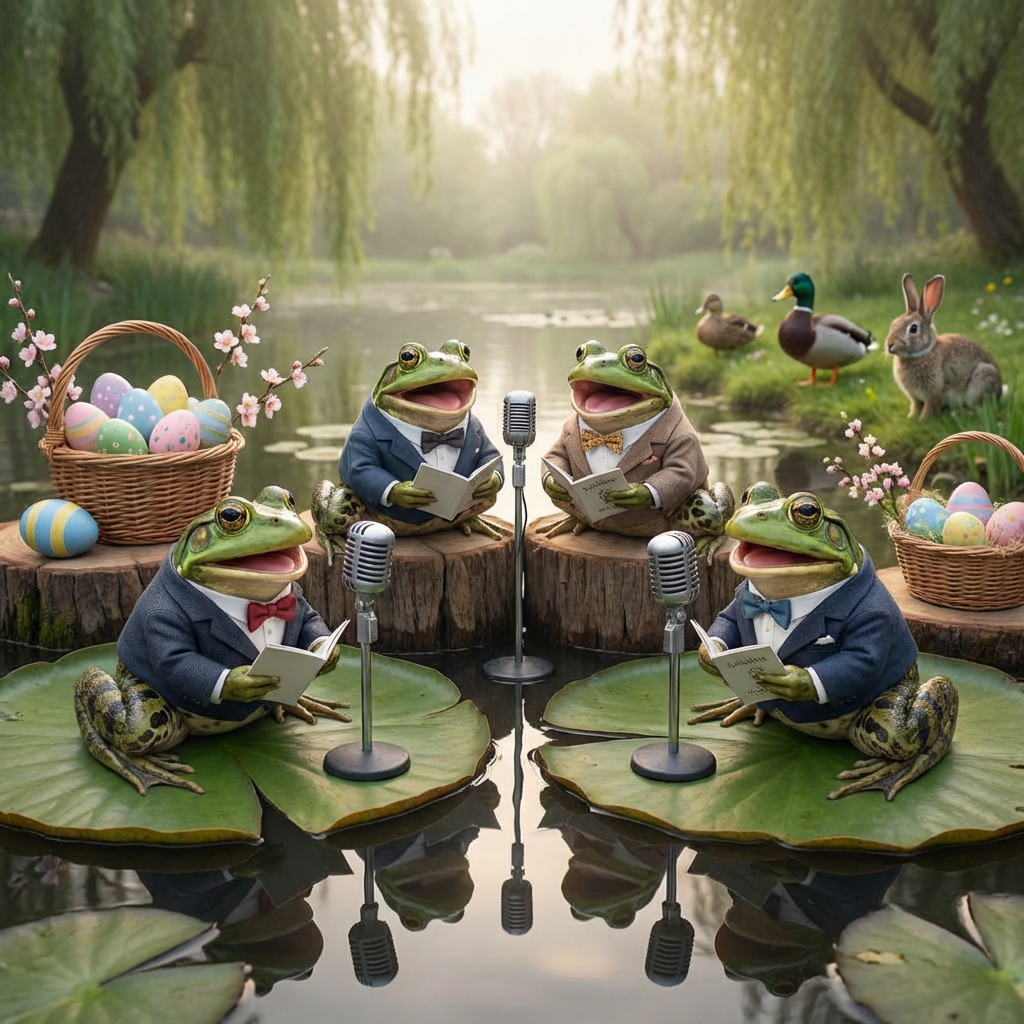 Four frogs in suits singing into microphones by a pond with Easter baskets.