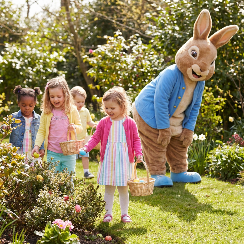 Children with baskets hunt for Easter eggs in a garden with a Peter Rabbit mascot.