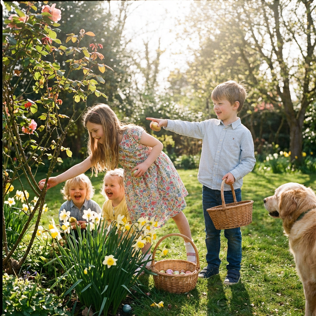 Four children and a dog hunt for Easter eggs in a sunny flower garden.
