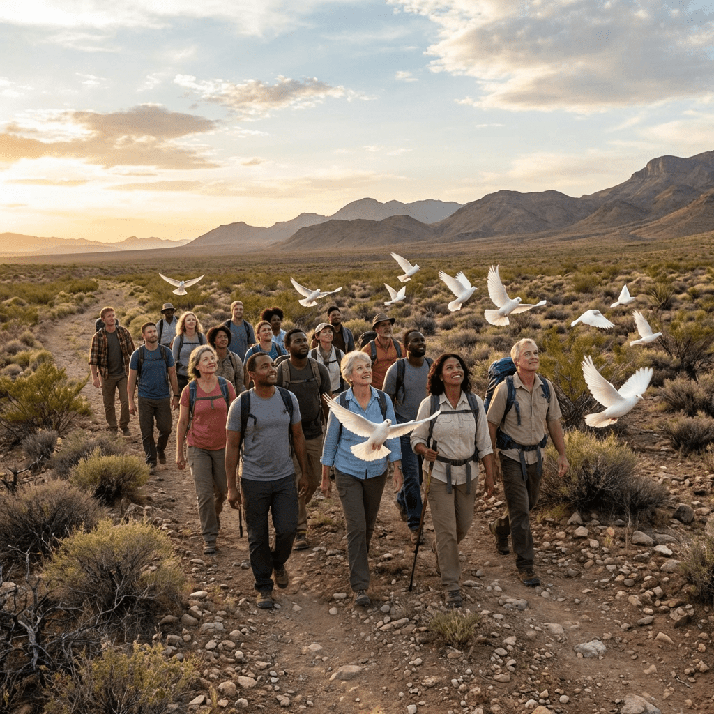 Diverse group of hikers walking on a desert trail surrounded by white doves at sunset.