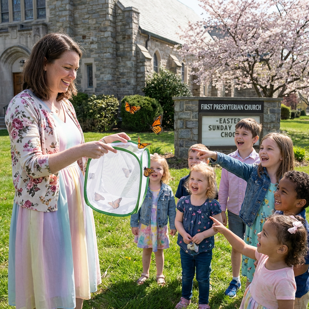 A woman releases monarch butterflies from a mesh cage for a group of joyful children.