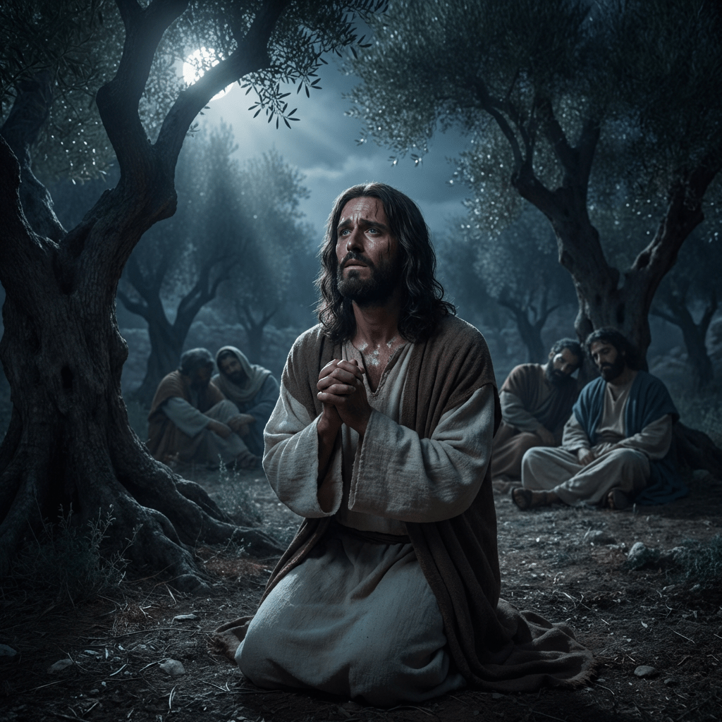 A man kneels in fervent prayer among olive trees at night while others sleep nearby.