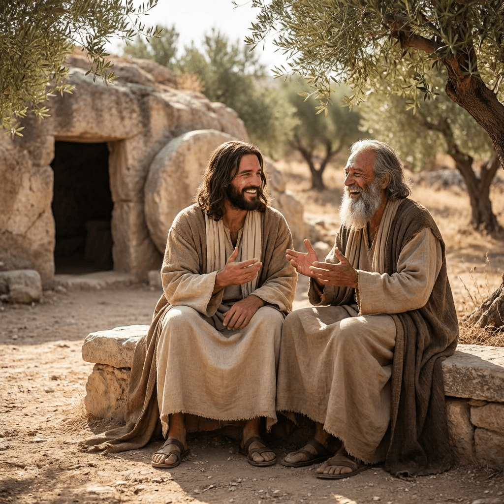 Jesus and an elderly man laughing together while sitting outside an open stone tomb.