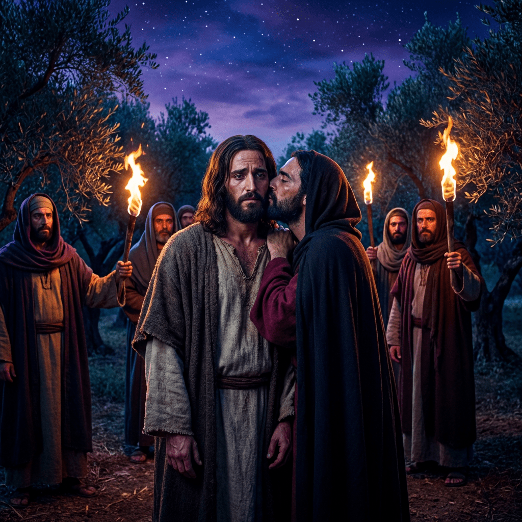 Depiction of Judas betraying Jesus with a kiss in an olive grove at night.