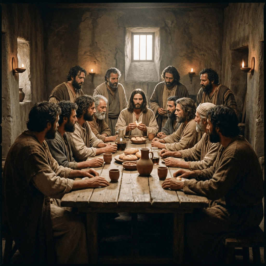 Jesus and his twelve disciples gathered around a wooden table sharing bread and wine.
