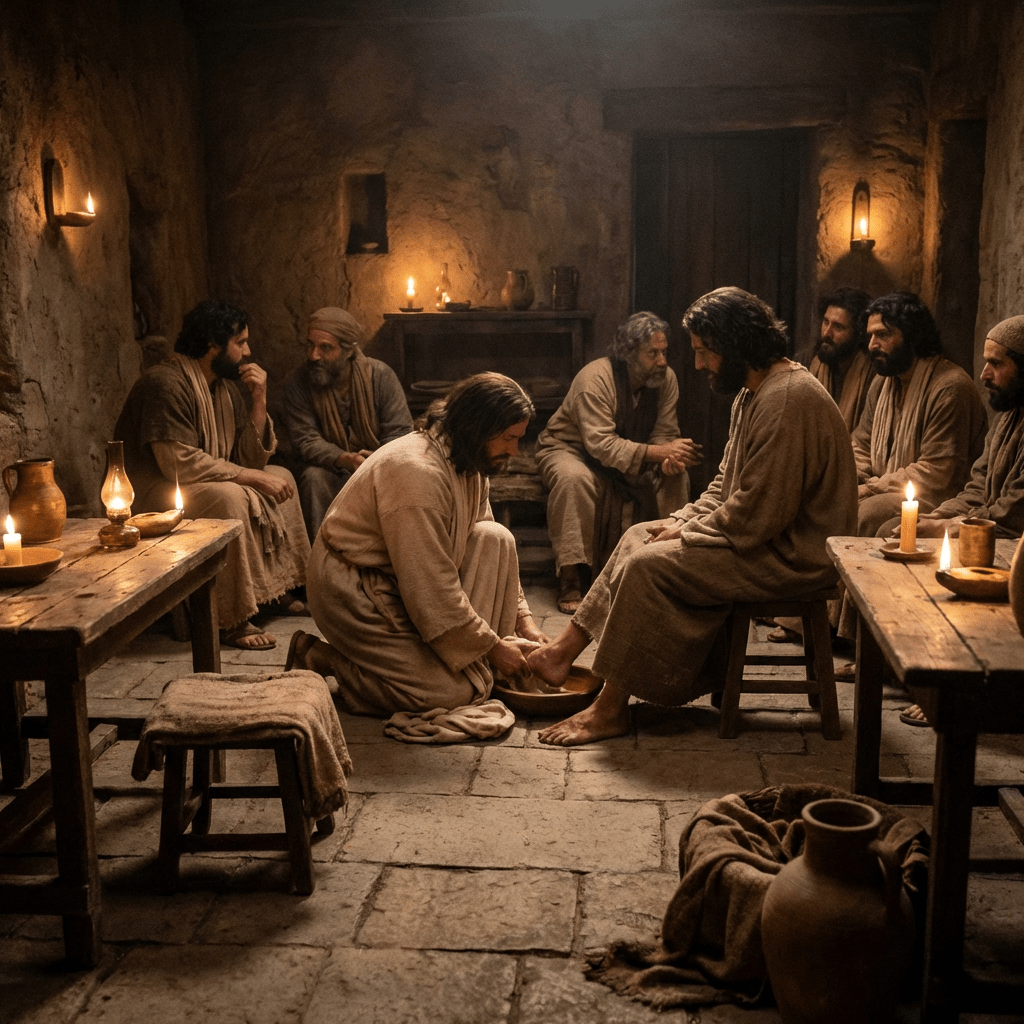 Jesus kneels to wash a disciple's feet in a candlelit room with observers.