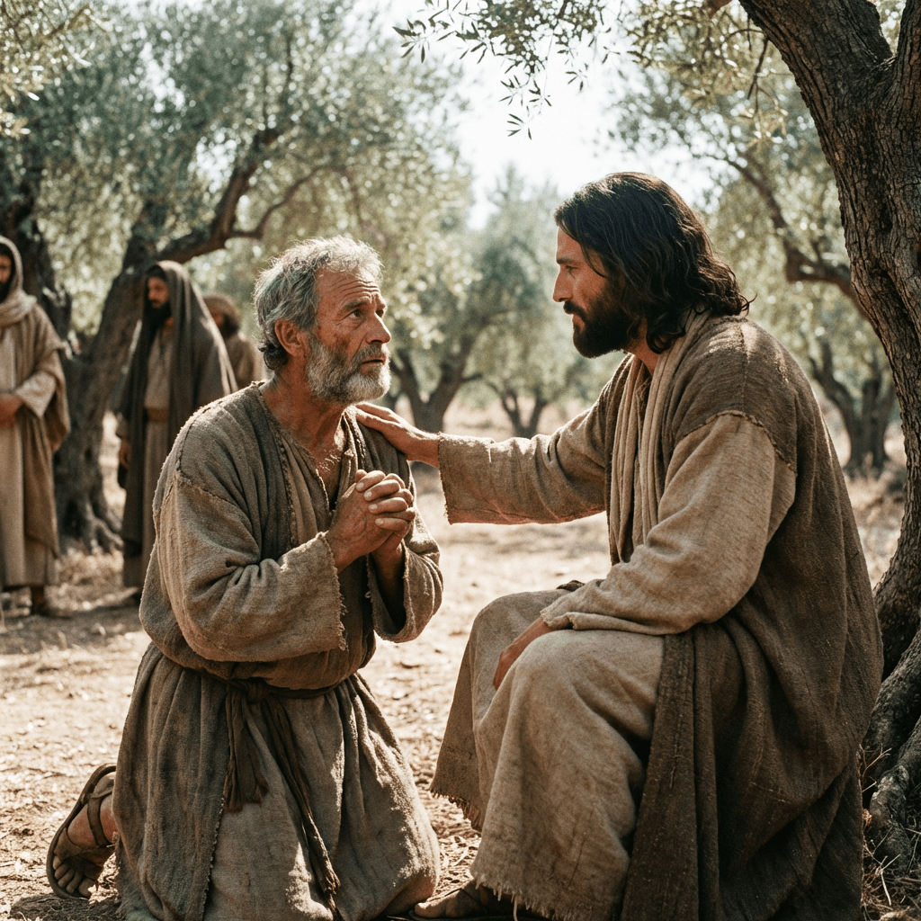 A man in robes comforts an older kneeling man in a sunny olive grove.