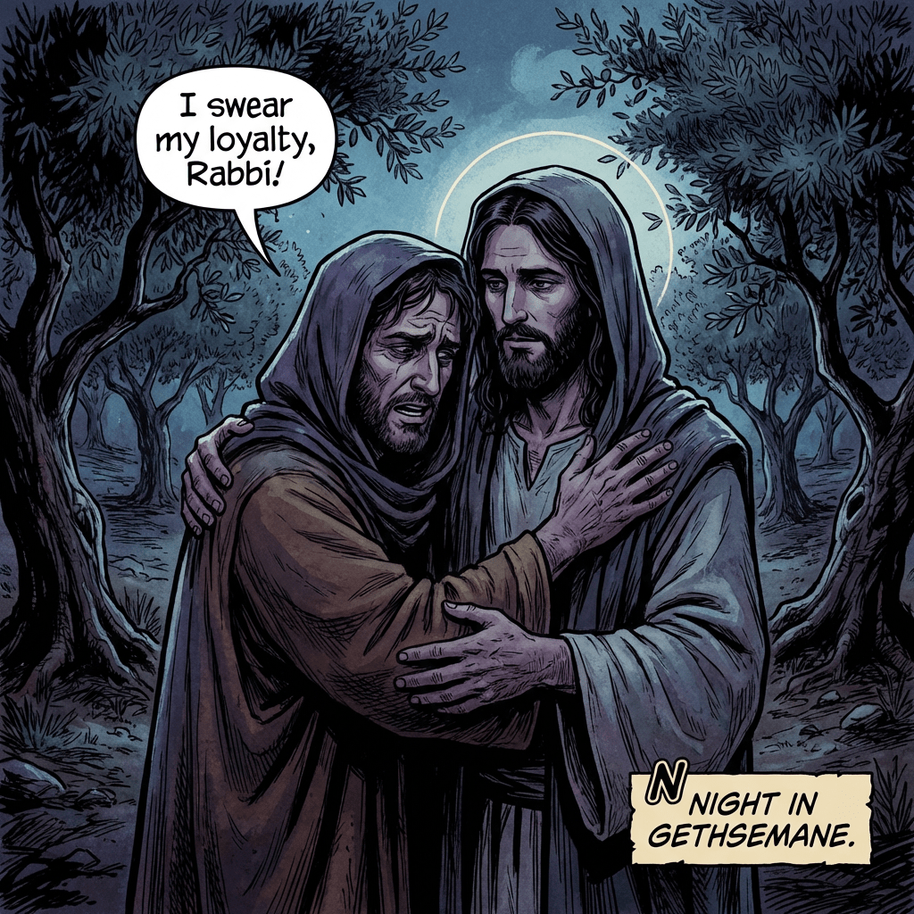 Peter embraces Jesus in Gethsemane. Text: 'I swear my loyalty, Rabbi!' and 'N NIGHT IN GETHSEMANE.'