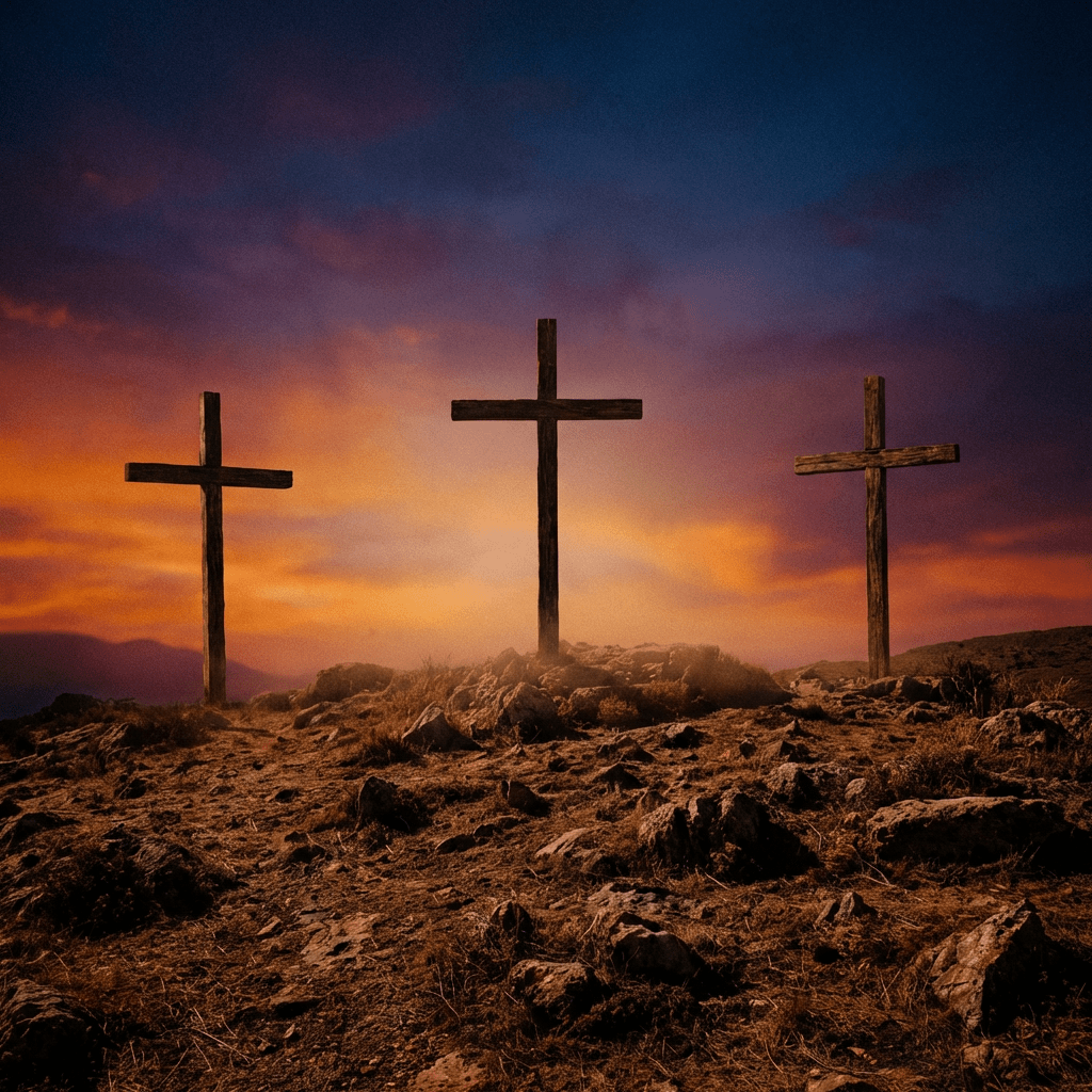 Three wooden crosses on a rocky hill under a dramatic sunset sky.