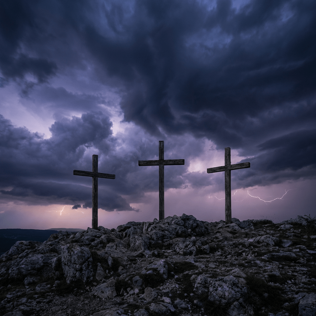 Three wooden crosses on a rocky hilltop under a dark, stormy sky with lightning.