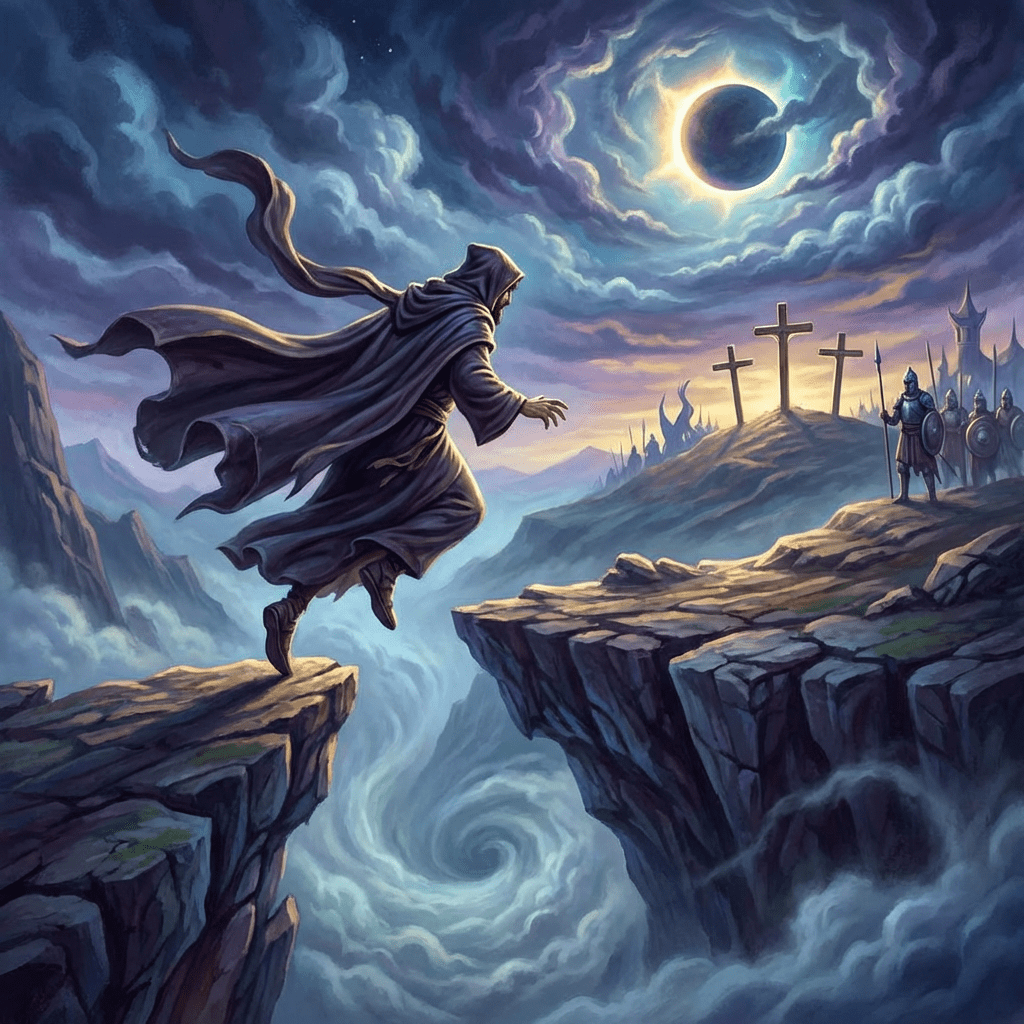 Hooded figure leaping across a chasm toward three crosses during a solar eclipse.