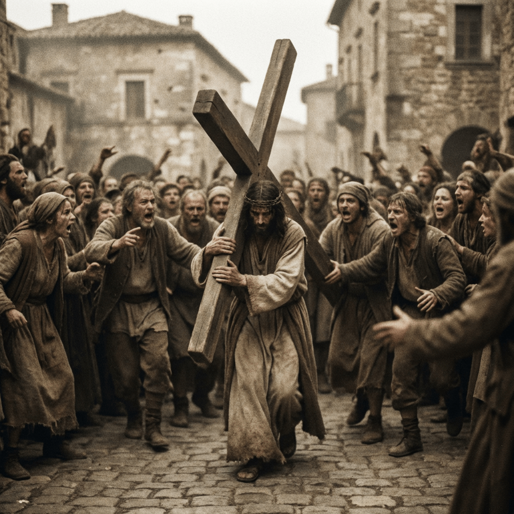 A man wearing a crown of thorns carries a heavy wooden cross through a hostile crowd.