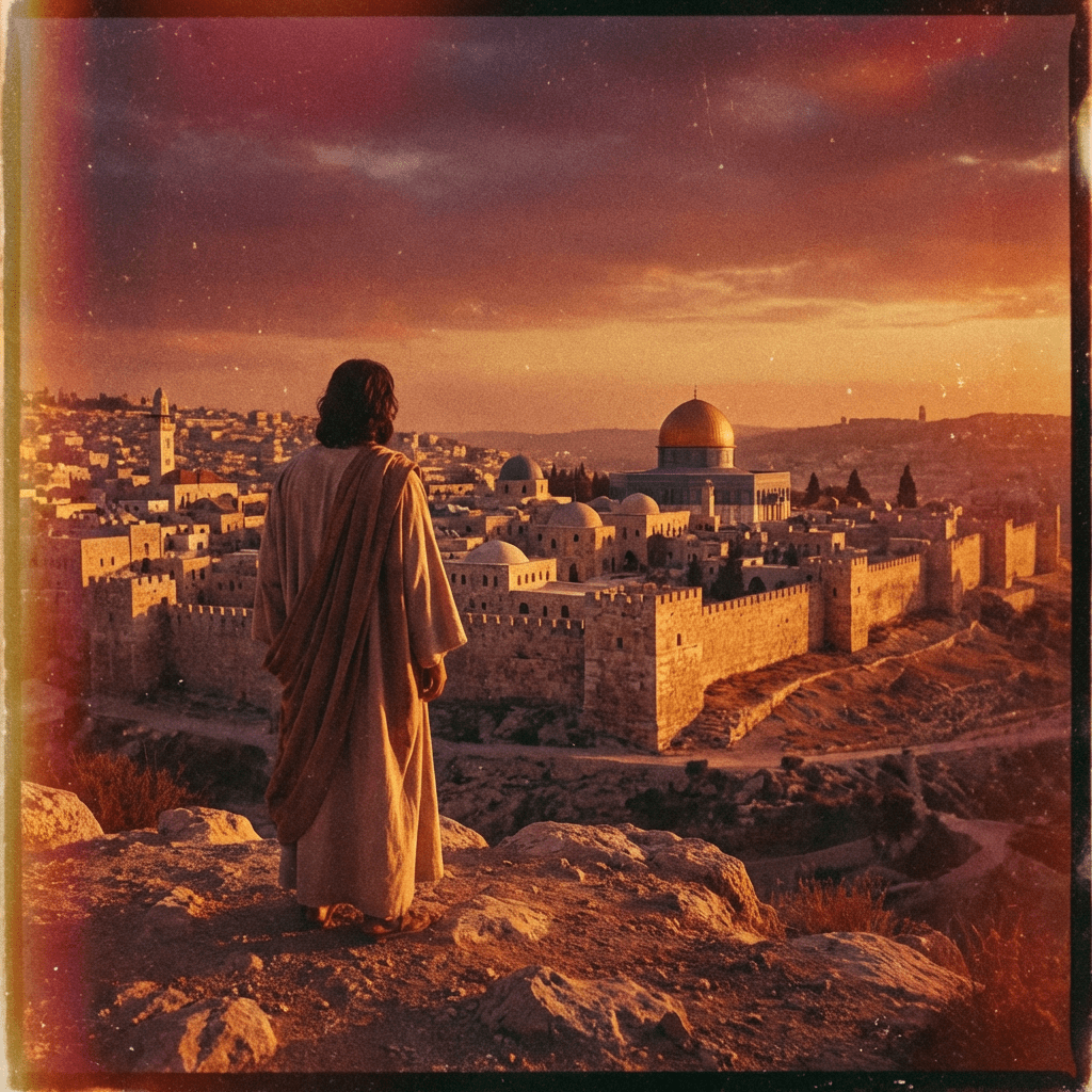 A robed figure overlooking the city of Jerusalem and the Dome of the Rock at sunset.