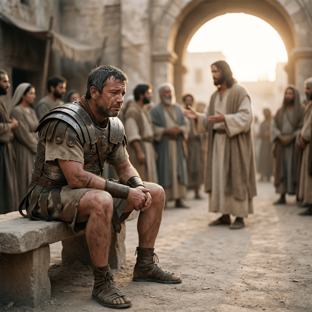 A weeping Roman centurion sits on a bench while Jesus speaks to a crowd nearby.
