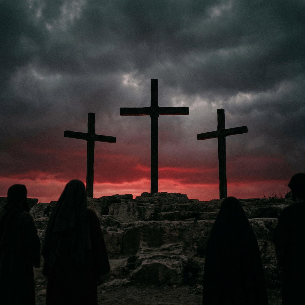 Three wooden crosses silhouetted against a dark, stormy sky with a glowing red horizon.