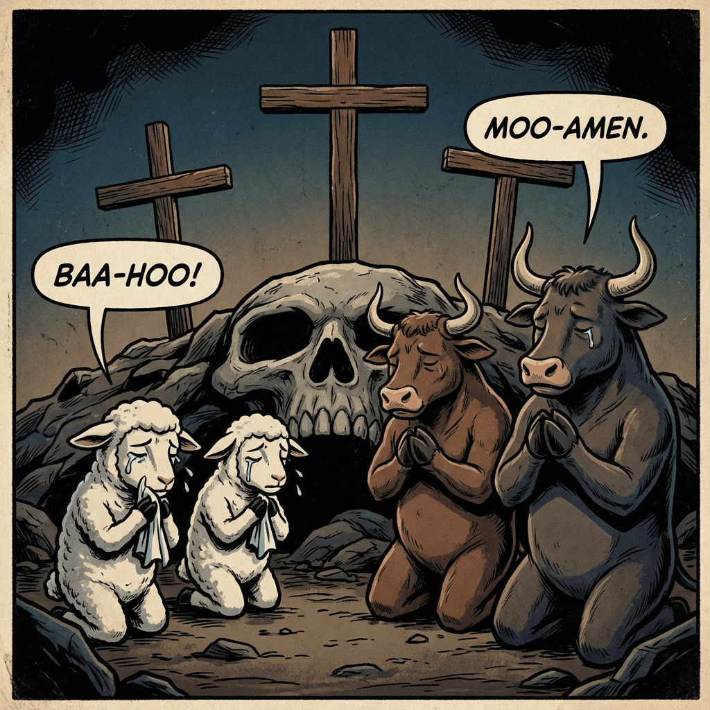 Crying lambs and praying bulls at Calvary with text BAA-HOO! and MOO-AMEN.