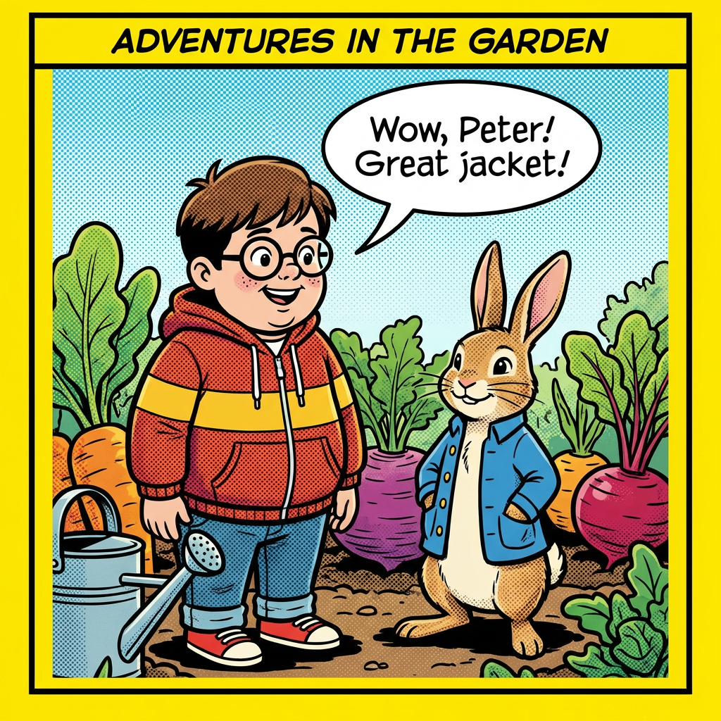 Adventures in the Garden. A boy says, 'Wow, Peter! Great jacket!' to a rabbit.