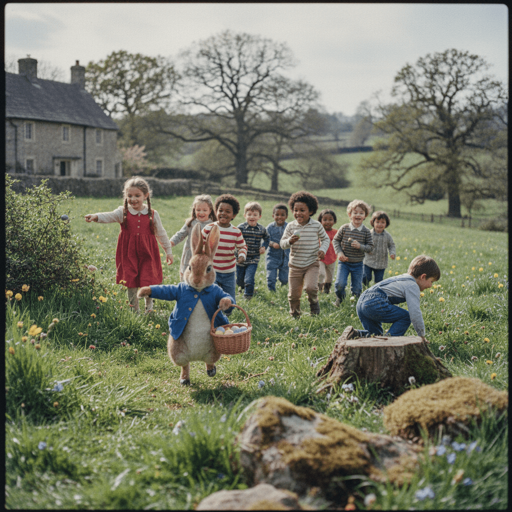 Children running through a grassy field behind Peter Rabbit carrying a basket of colorful eggs.