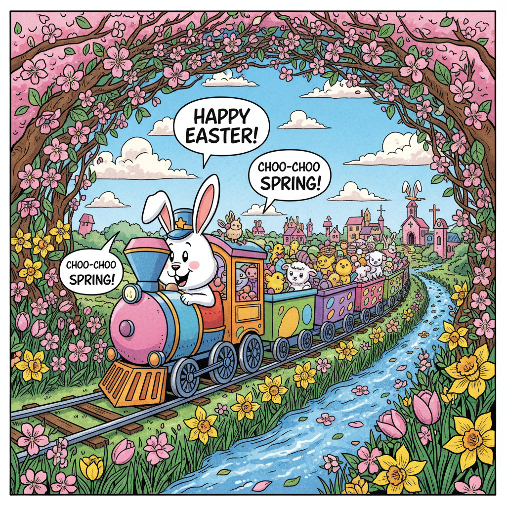 Bunny-led train with text "Happy Easter!" and "Choo-choo Spring!".