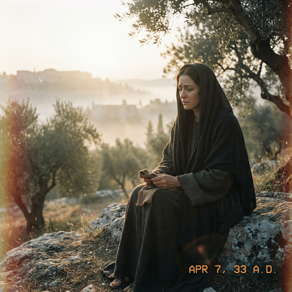 Woman in dark robes sitting on a rock under an olive tree; text reads APR 7, 33 A.D.