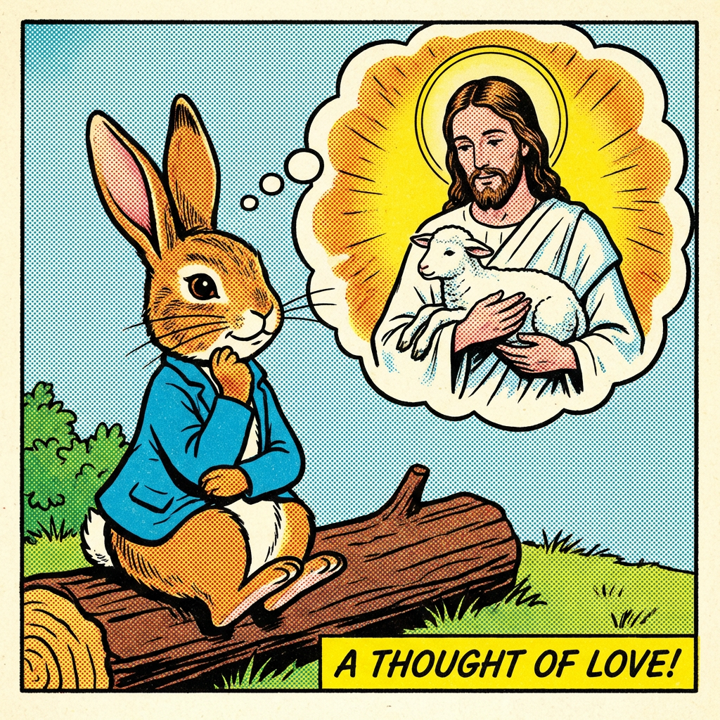Comic-style rabbit thinking of Jesus holding a lamb. Text: A THOUGHT OF LOVE!