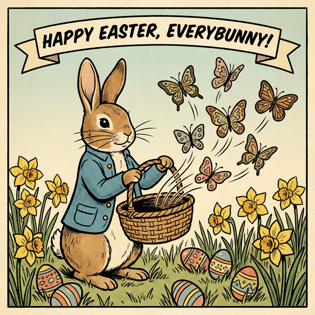 Rabbit in a blue jacket with butterflies and text HAPPY EASTER, EVERYBUNNY!