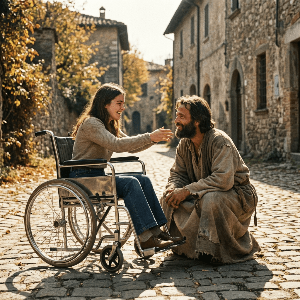 Woman in a wheelchair smiling and reaching toward a kneeling man in historical robes.