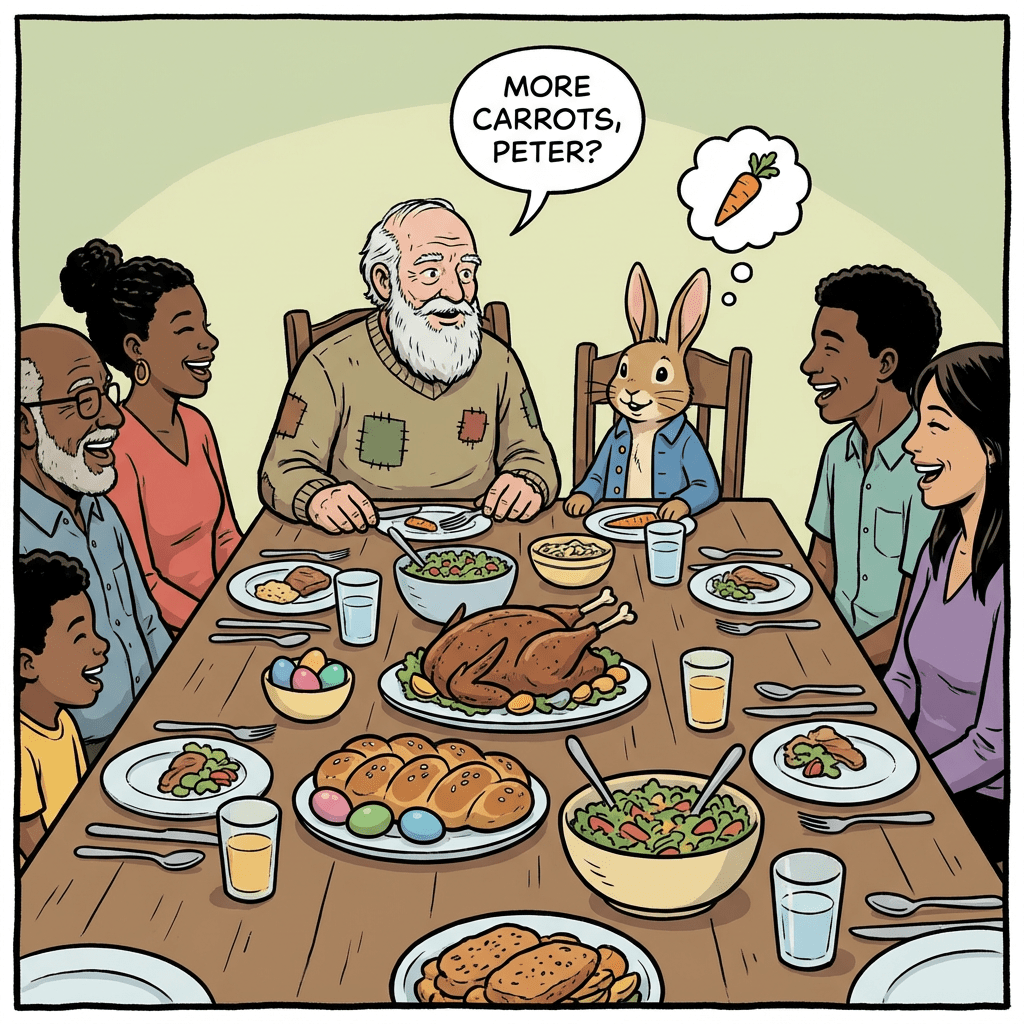 A family having dinner with Peter Rabbit. Text: MORE CARROTS, PETER? Thought bubble: carrot.
