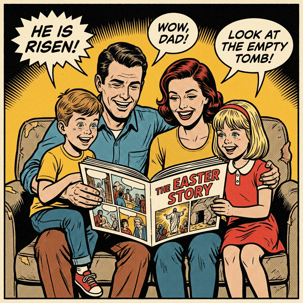 Family reading the book THE EASTER STORY. Speech bubbles: HE IS RISEN!, WOW, DAD!, LOOK AT THE EMPTY TOMB!