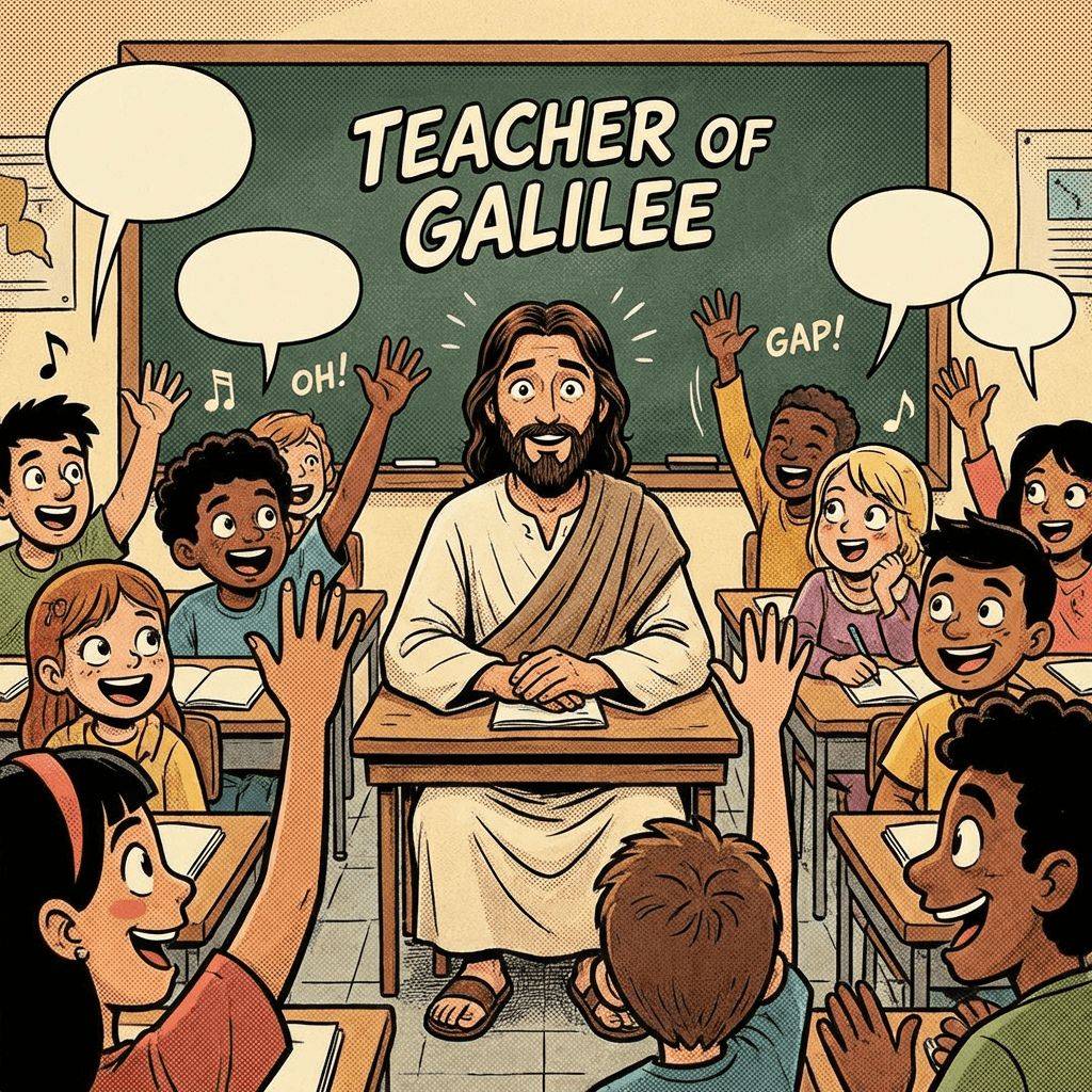 Cartoon of Jesus in a classroom with children; chalkboard reads "TEACHER OF GALILEE".