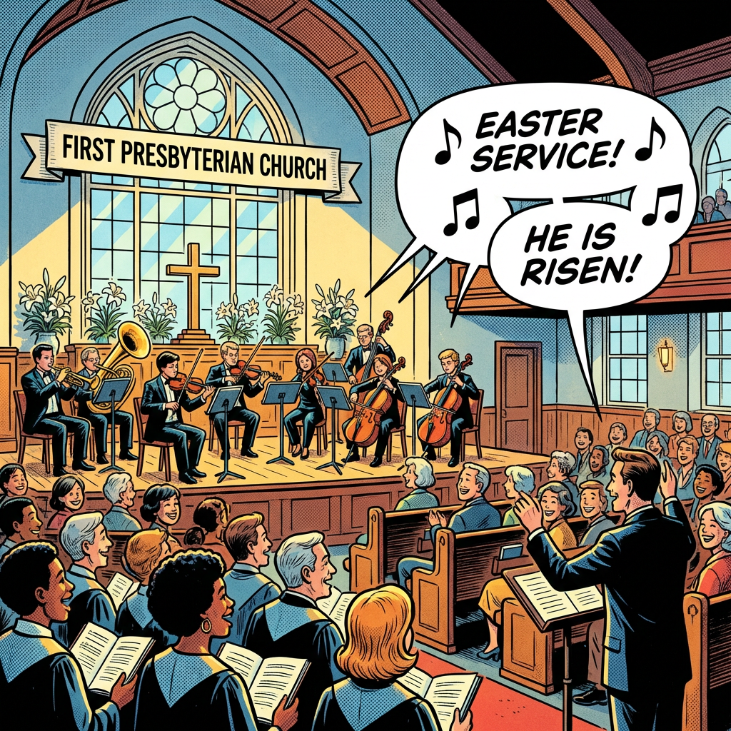 Illustration of First Presbyterian Church Easter Service with text: FIRST PRESBYTERIAN CHURCH, EASTER SERVICE!, HE IS RISEN!