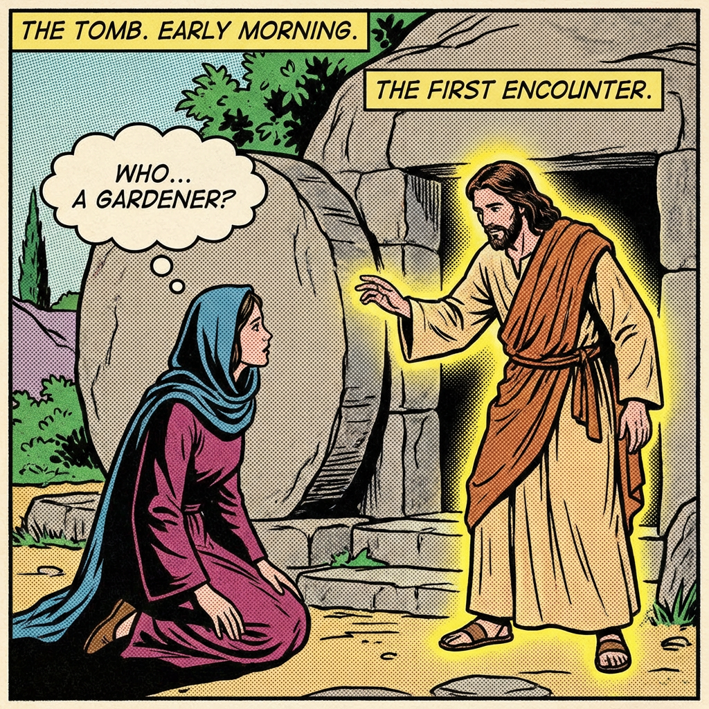 Comic: Mary thinks 'WHO... A GARDENER?' seeing Jesus. 'THE TOMB. EARLY MORNING.' 'THE FIRST ENCOUNTER.'