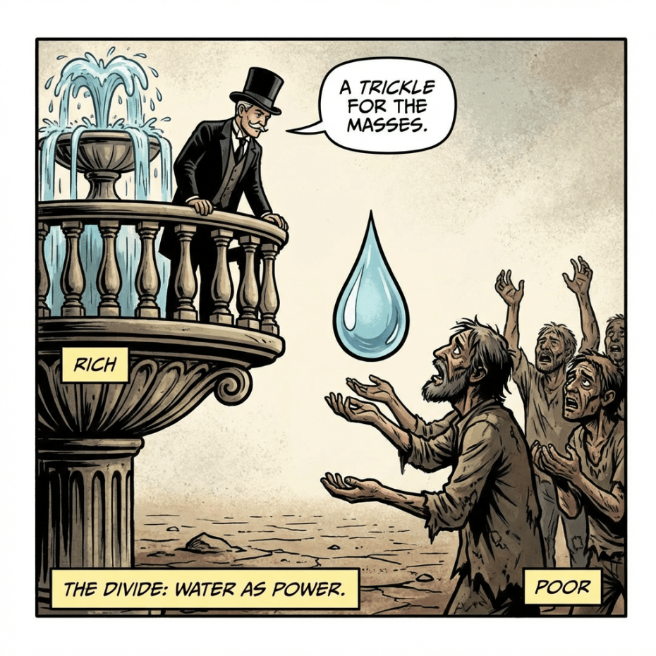 Rich watching thirsty poor, water symbolism