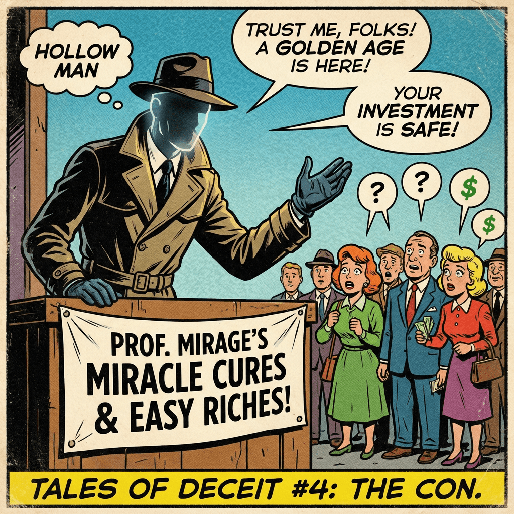 Comic panel: Hollow Man says "Trust me, folks! A golden age is here! Your investment is safe!" Banner: "Prof. Mirage's Miracle Cures & Easy Riches!" Title: "Tales of Deceit #4: The Con."