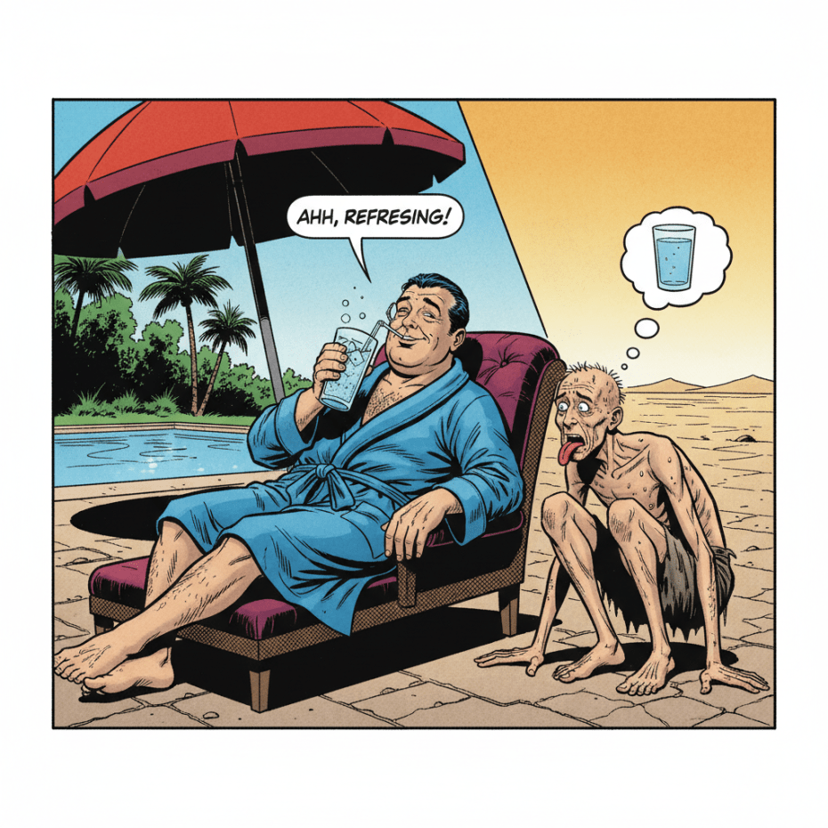 Rich drinking ice water, poor thirsty nearby