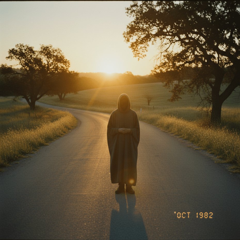 Faceless figure at sunrise country road