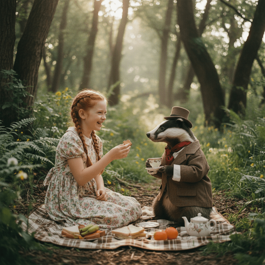 Young girl having a tea party with a badger wearing a coat and hat in a forest