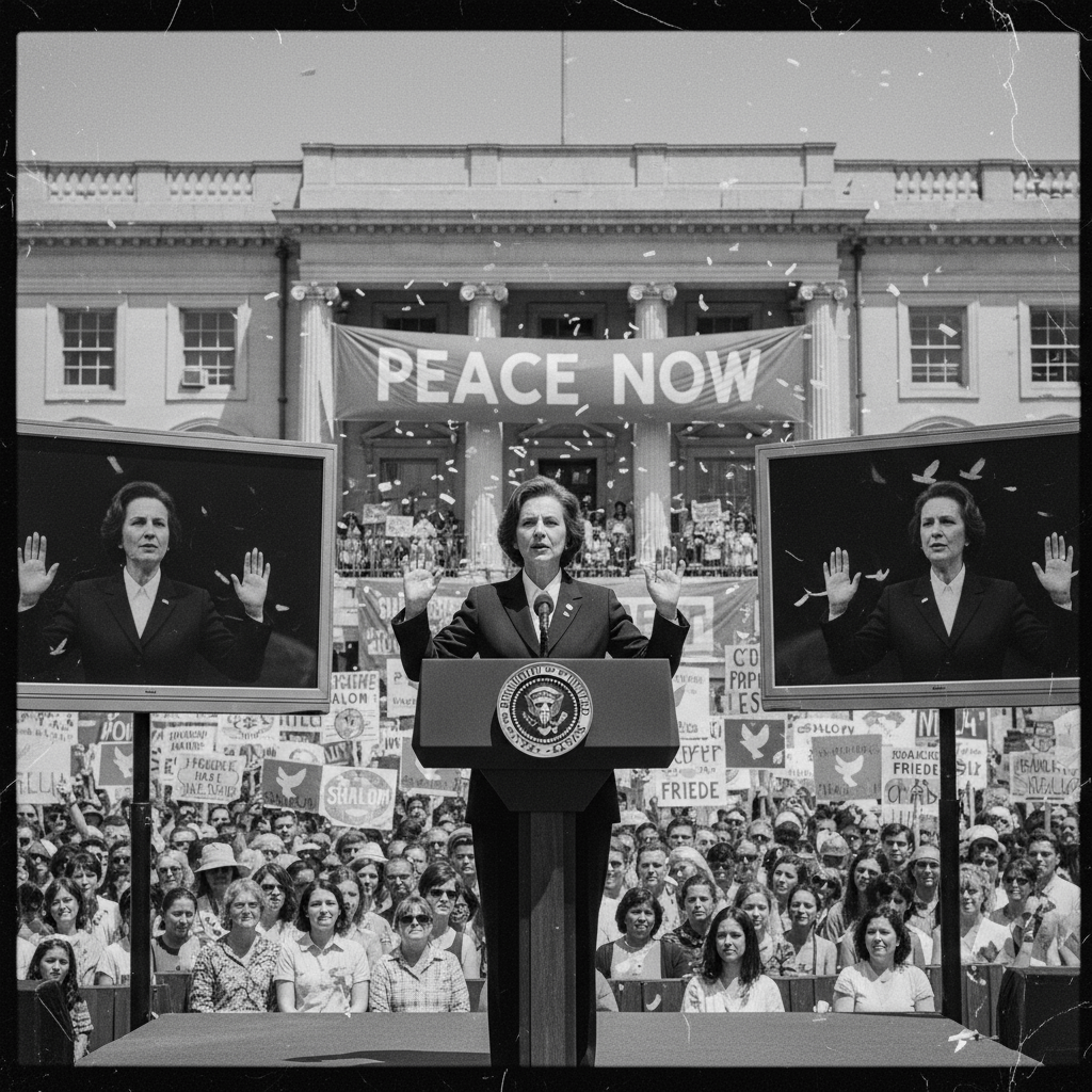 Speaker at podium with 'Peace Now' banner and crowd holding signs