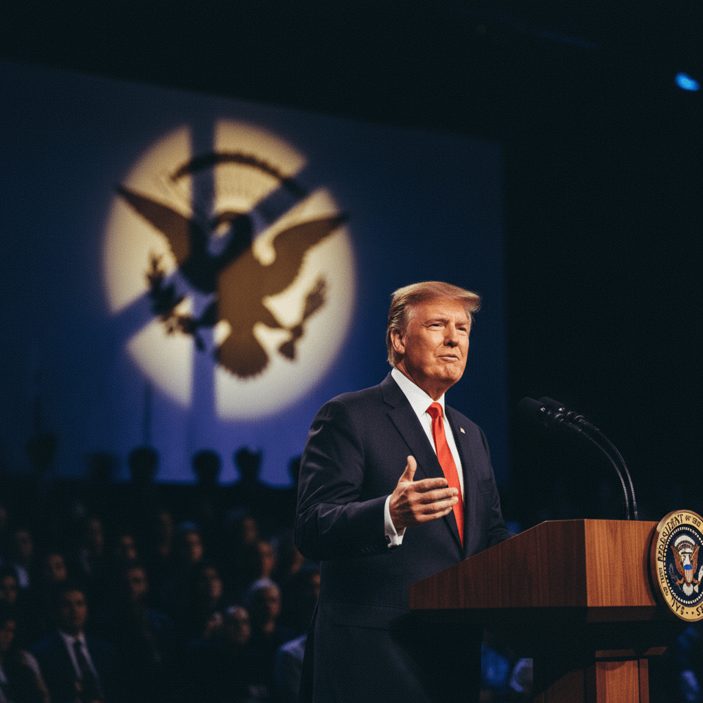 A man in a suit speaking at a presidential podium with the presidential seal and eagle emblem behind.