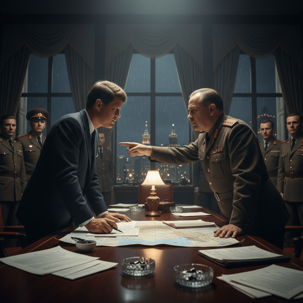 Two men, one in a suit and one in military uniform, leaning over a map on a table during a tense meeting