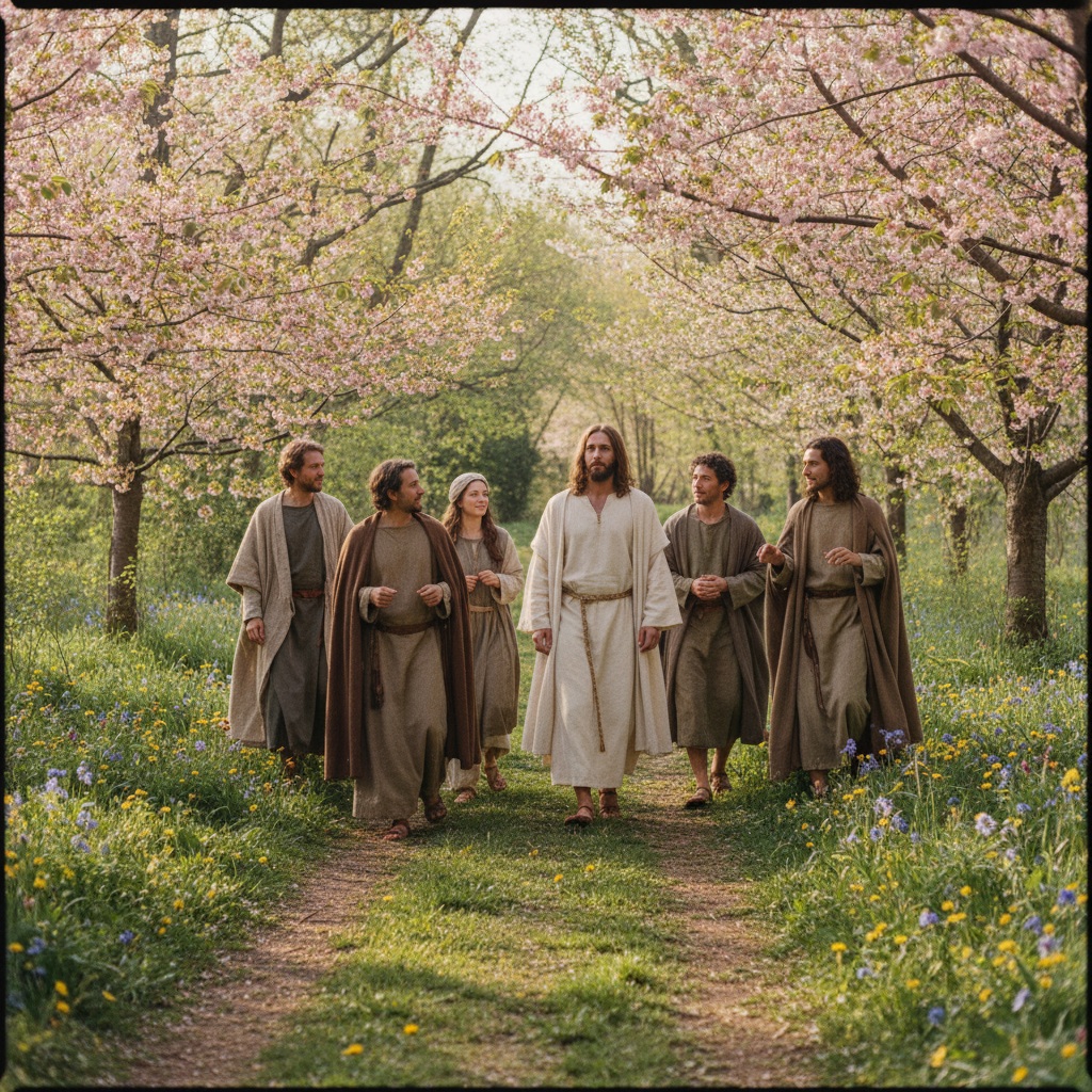 Six people dressed in biblical attire walking along a blossoming garden path