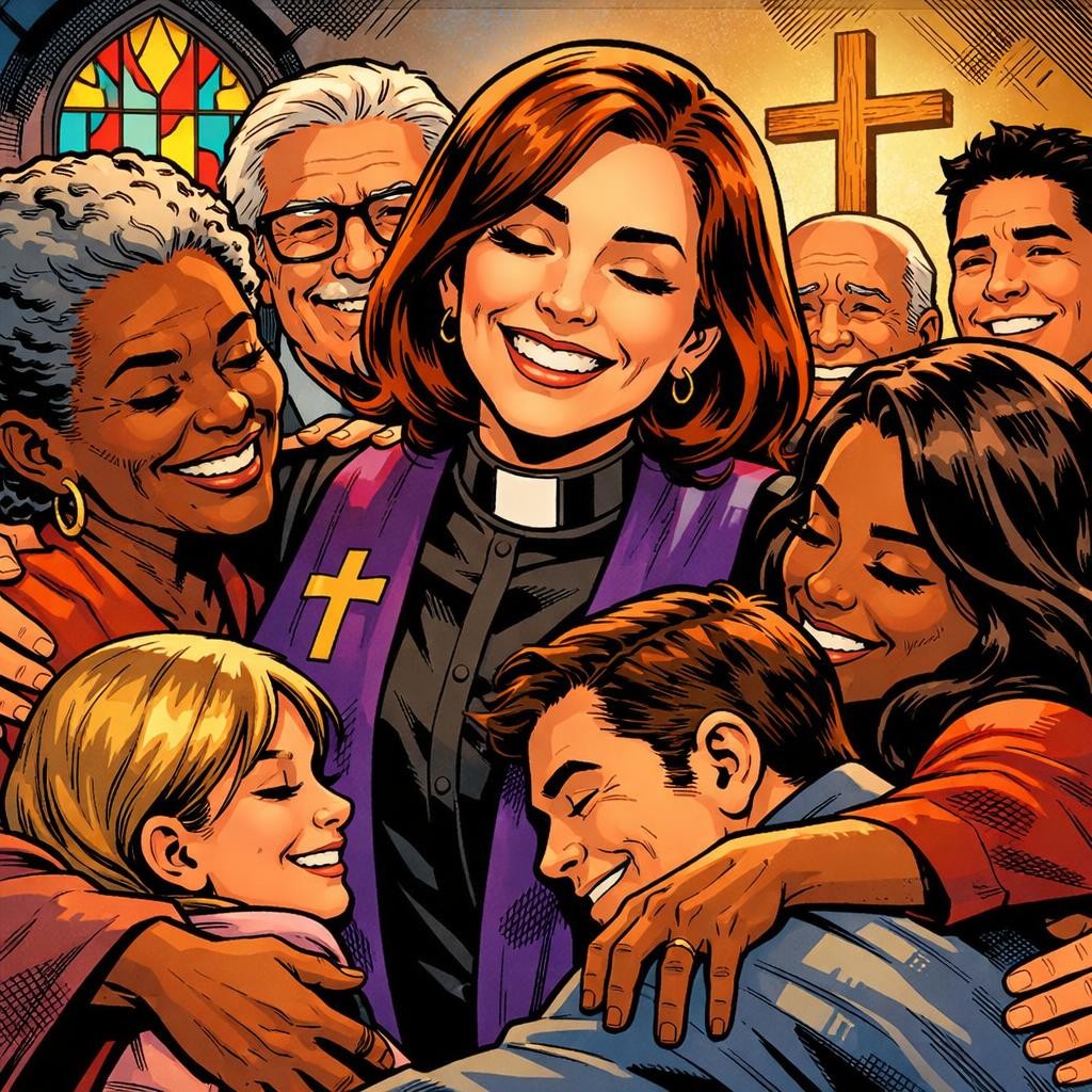 Pastor with purple stole smiling and hugging diverse church members inside church