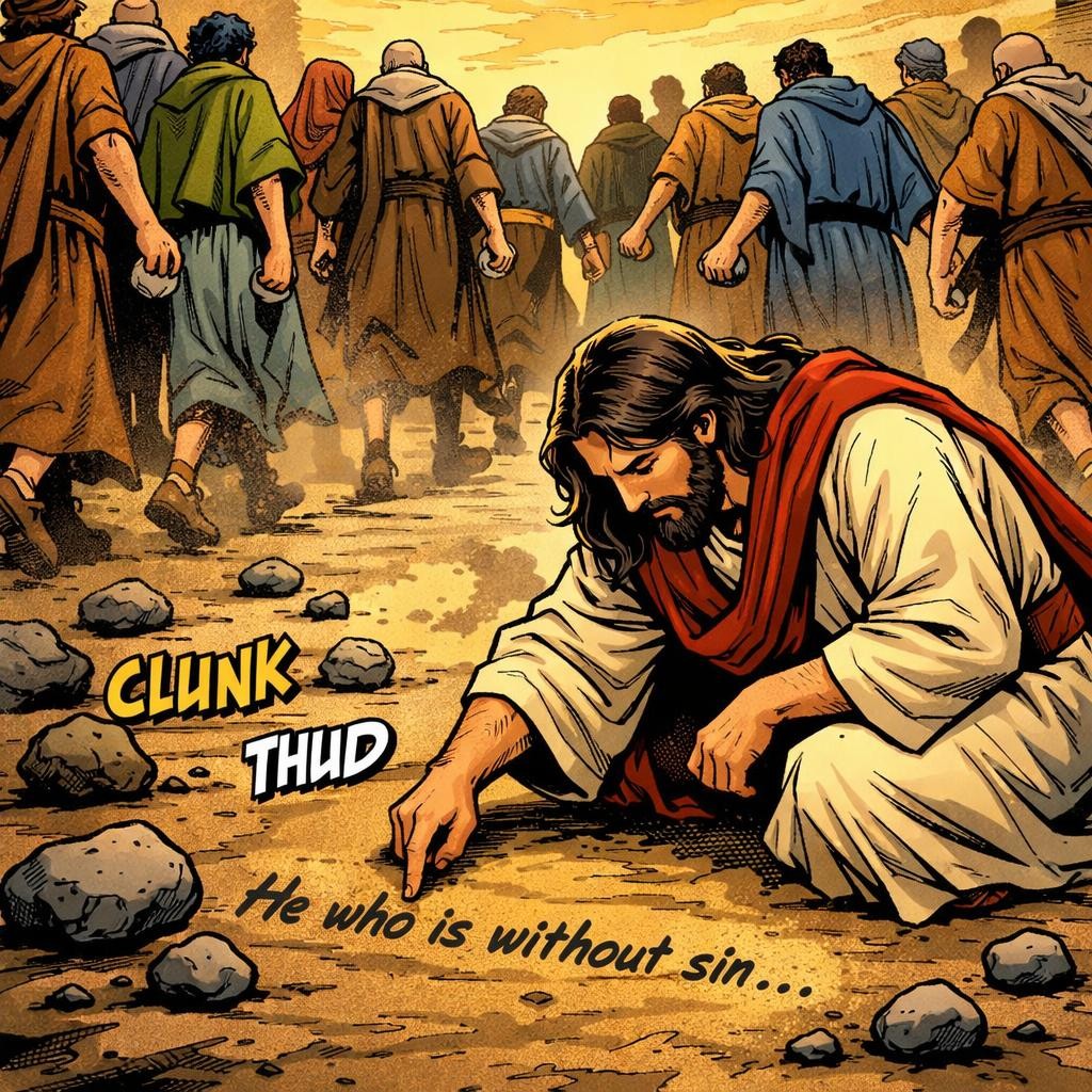 Jesus writes; mob drops stones, walks away