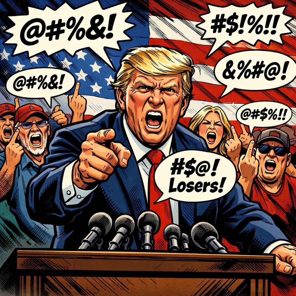 Angry man at podium pointing and shouting with crowd showing middle fingers and speech bubbles with censored expletives