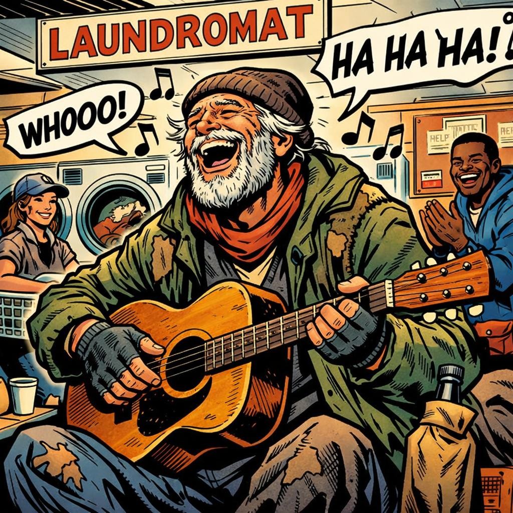 Homeless laughing, singing in laundromat joyful scene