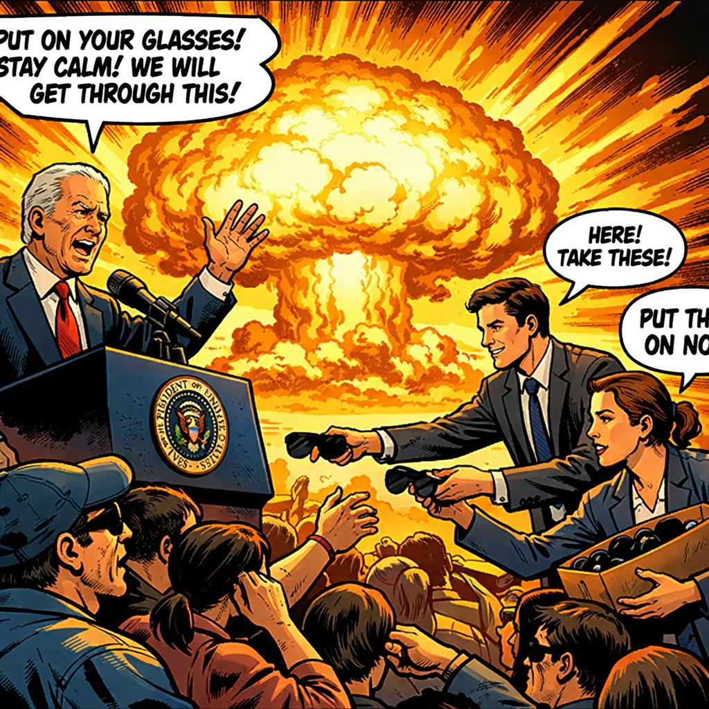 Official at podium urging calm while staff hand out protective glasses amid a nuclear explosion