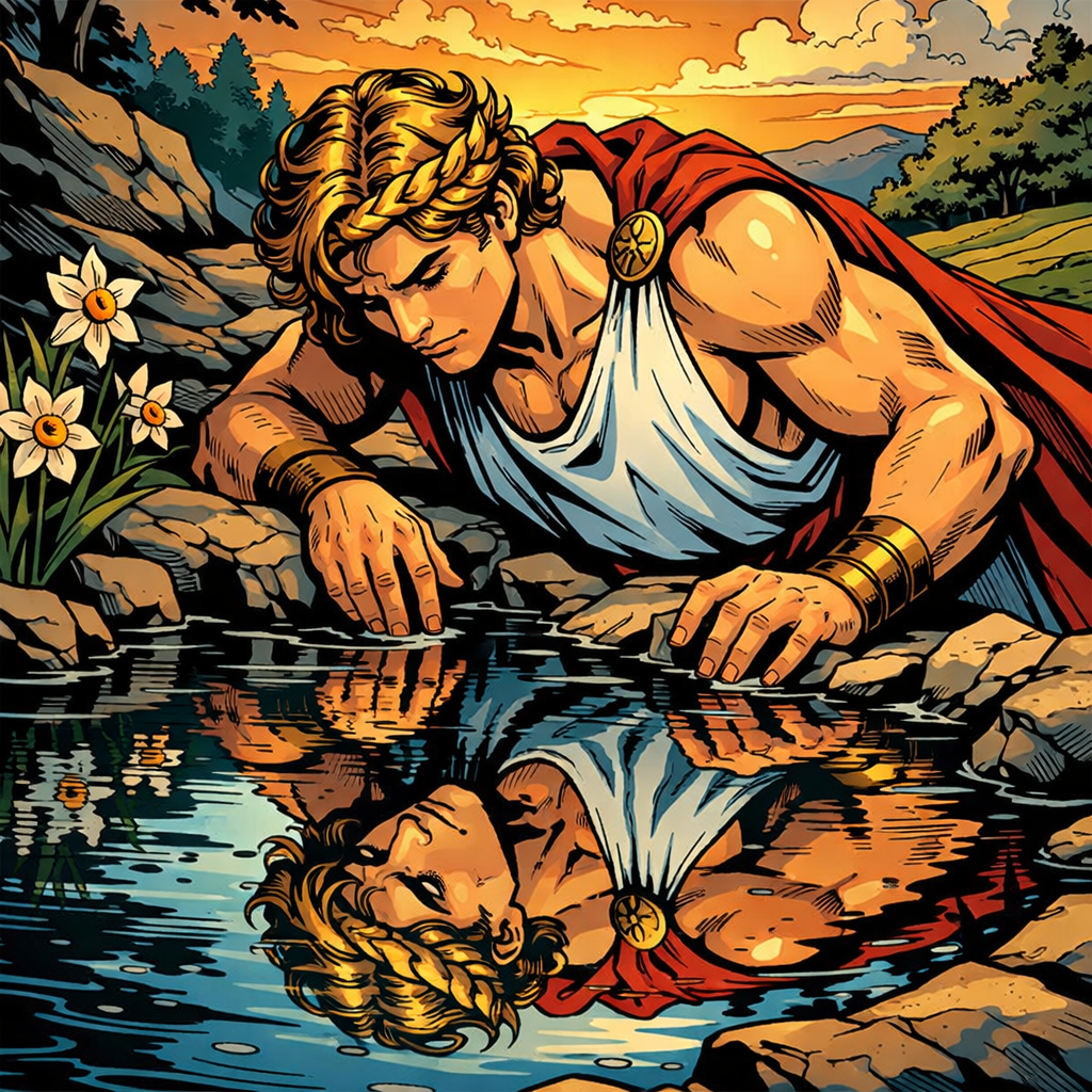 Muscular man in ancient Greek attire looking at his reflection in water with flowers and rocks nearby